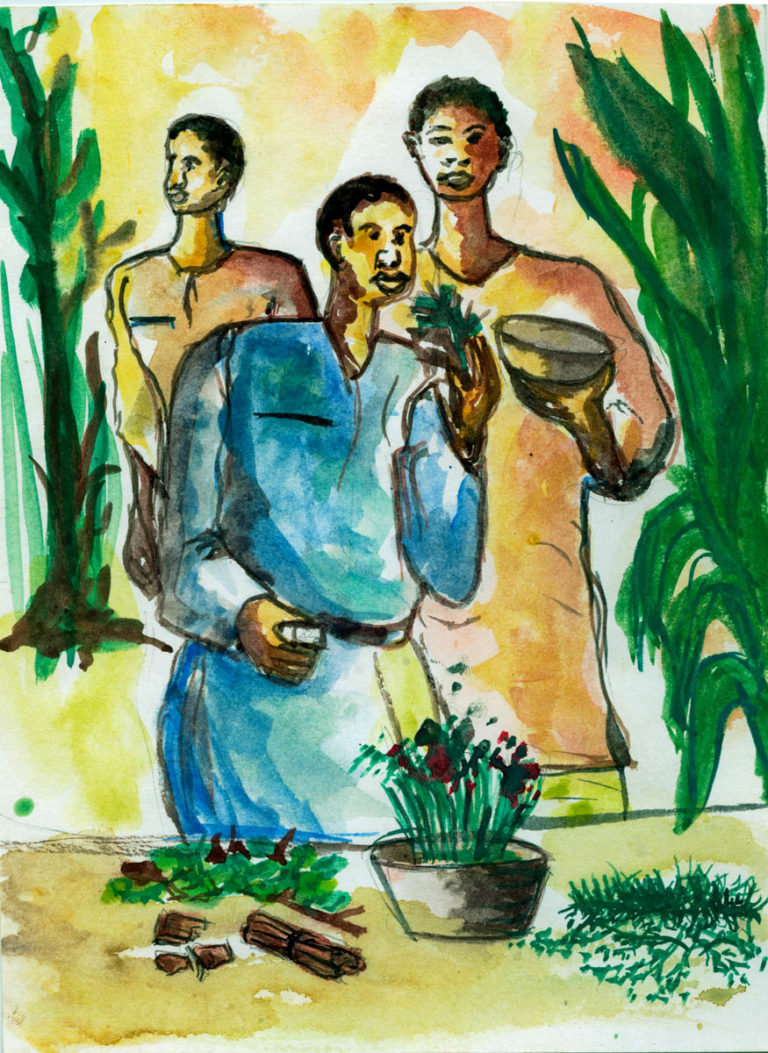 Three people are standing between plants in front of a table, on which there is also a small plant in a top and on which visibly different plant parts and herbs are processed - one sees different species lying around, partly already crushed. Two of the people are standing in the background, one is holding a bowl in his hands. The person in the foreground, apparently responsible for processing the plants and herbs, is smelling a bunch of plants or herbs. In his right hand he holds the tool, perhaps a mortar, which he needs for processing.