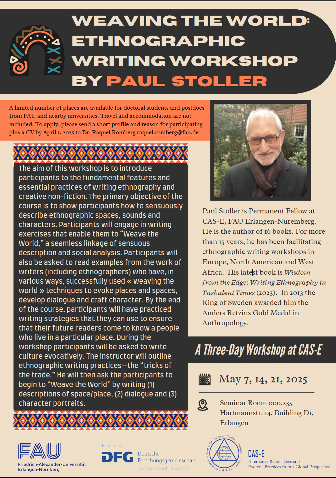 Weaving the World: Ethnographic Writing Workshop by Paul Stoller (May 7, 14 and 21, 2025 at CAS-E)